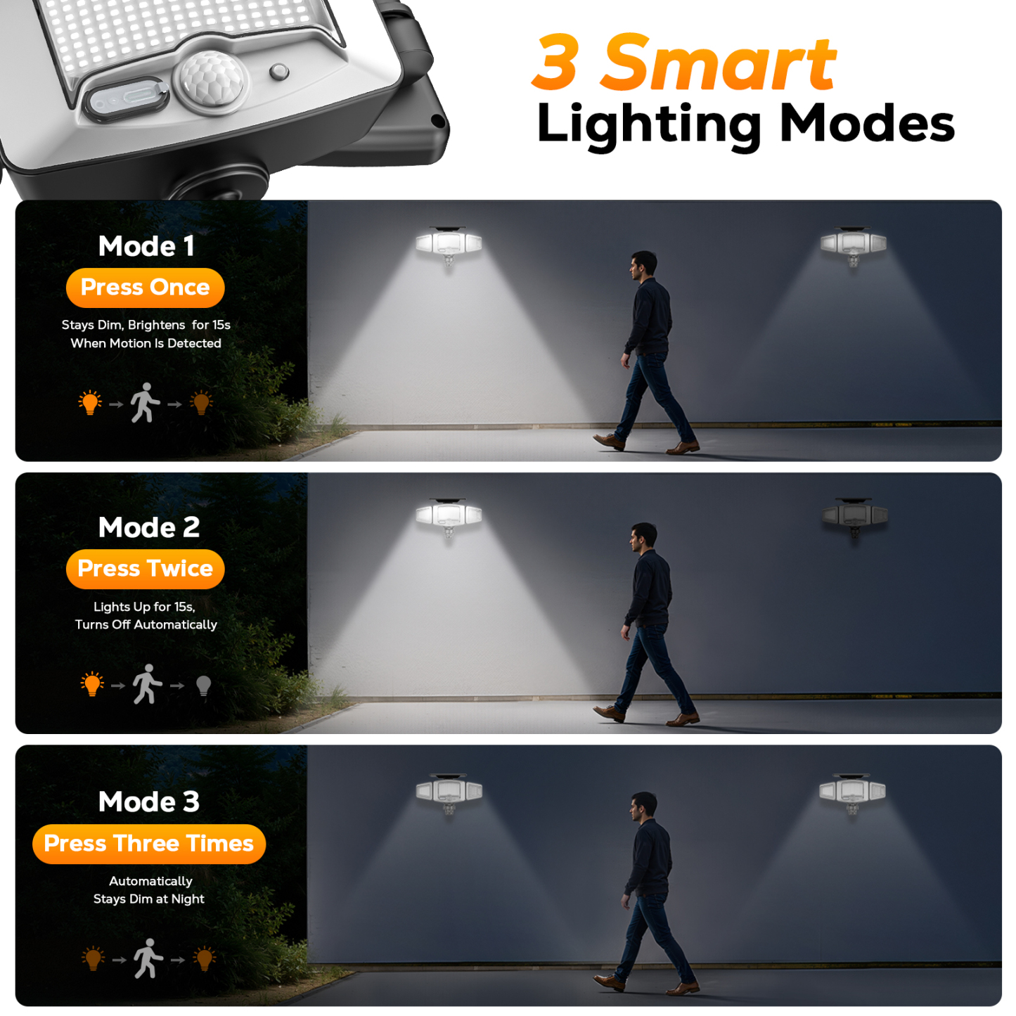 Outdoor Solar Lights Magnetic Solar Lights, 231 LED Motion Sensor Wall Light, 3-Head Adjustable Solar Lights, 3 Modes Solar USB Charge, IP65 Waterproof for Yard Patio (2 Pack)