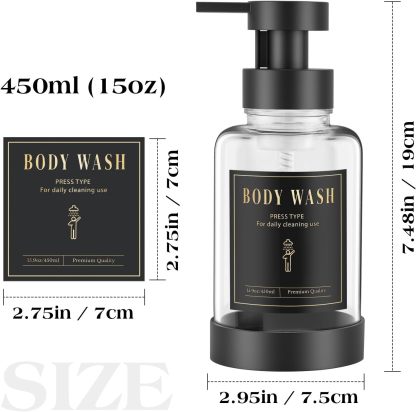 Luxspire Foaming Soap Dispenser, Glass Foam Pump Soap Dispenser, Non-Slip Hand Soap Dispenser with 5 Waterproof Labels, 15 Oz Refillable Liquid Soap Dispenser for Bathroom & Kitchen, Clear, 2 Pack