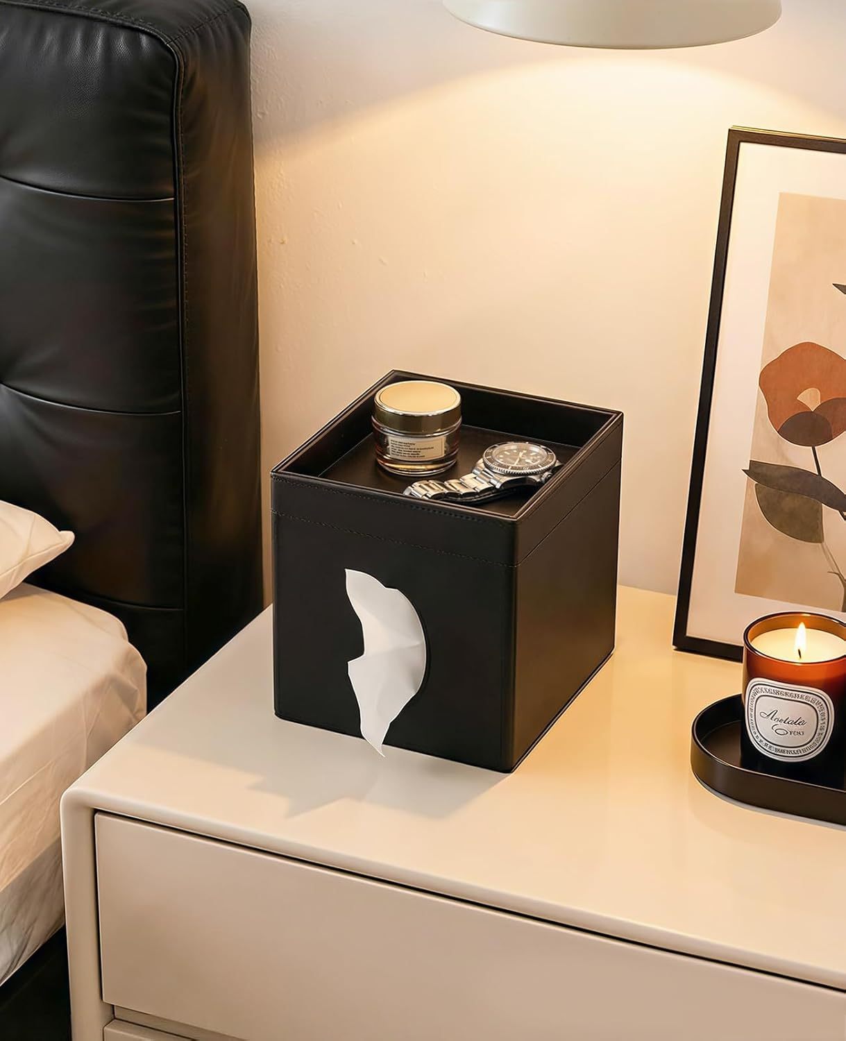 Luxspire Square Tissue Box Cover, PU Leather Square Tissue Box Cover with Storage Tray, Tissue Box Holder, Tissues Cube Boxes Cover for Living Room, Bedroom Countertop Cars Hotels
