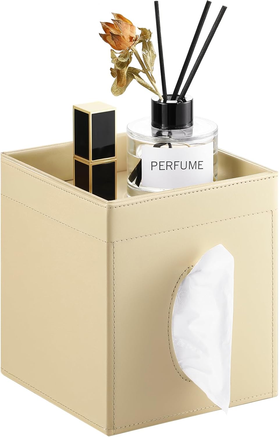 Luxspire Square Tissue Box Cover, PU Leather Square Tissue Box Cover with Storage Tray, Tissue Box Holder, Tissues Cube Boxes Cover for Living Room, Bedroom Countertop Cars Hotels