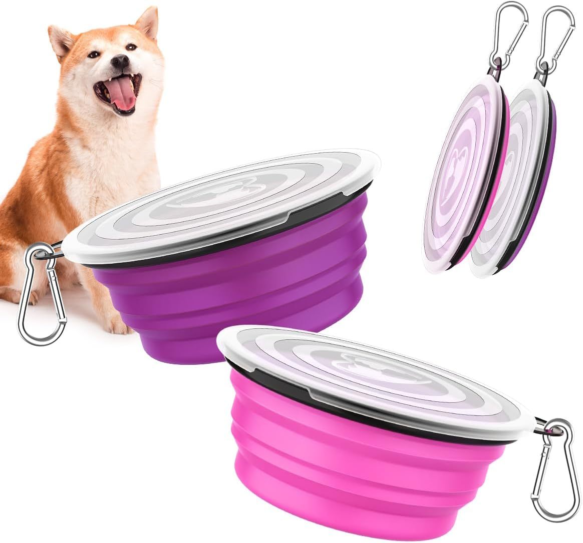 Pawaboo Collapsible Dog Bowls 2 Pack, Silicone Feeding Watering Bowls with Lids & Carabiners for Dogs Cats, Portable Water Feeder Food Bowl for Walking Traveling Home Use