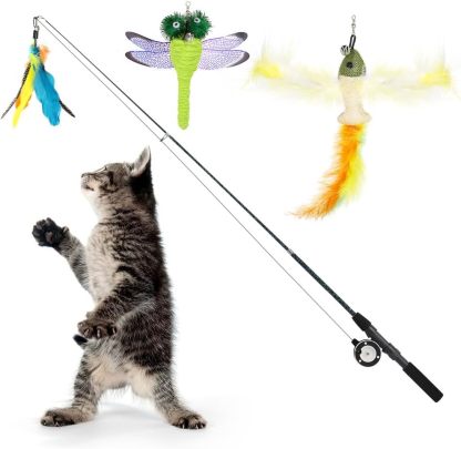 Pawaboo Interactive Cat Toy, Retractable Cat Fishing Rod with 3 Replacement Fishing Lures Made of Feathers and Bells, Adjustable Line Length, Feather Teaser for Cats, Kittens, Fun,