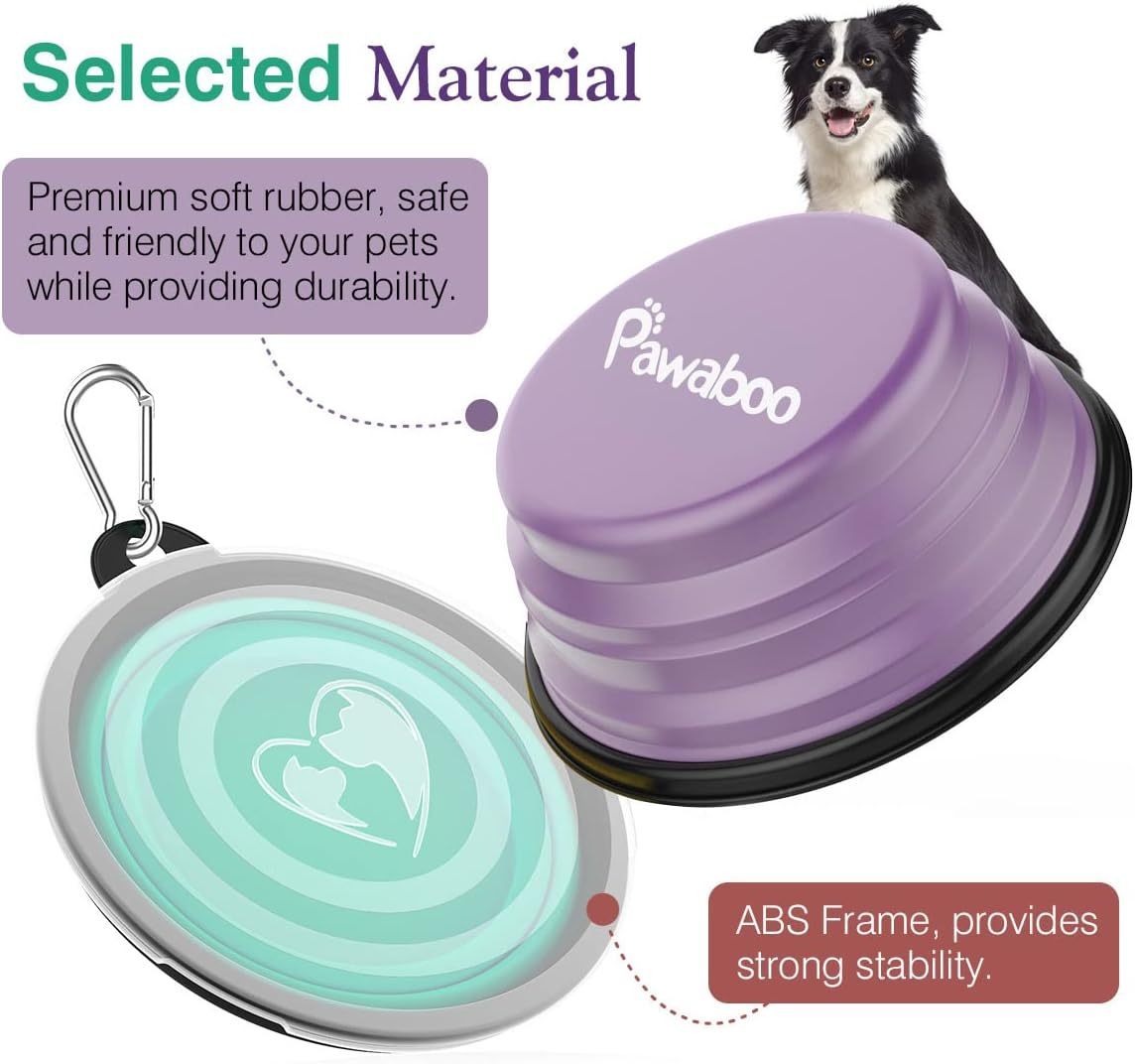 Pawaboo Collapsible Dog Bowls 2 Pack, Silicone Feeding Watering Bowls with Lids & Carabiners for Dogs Cats, Portable Water Feeder Food Bowl for Walking Traveling Home Use