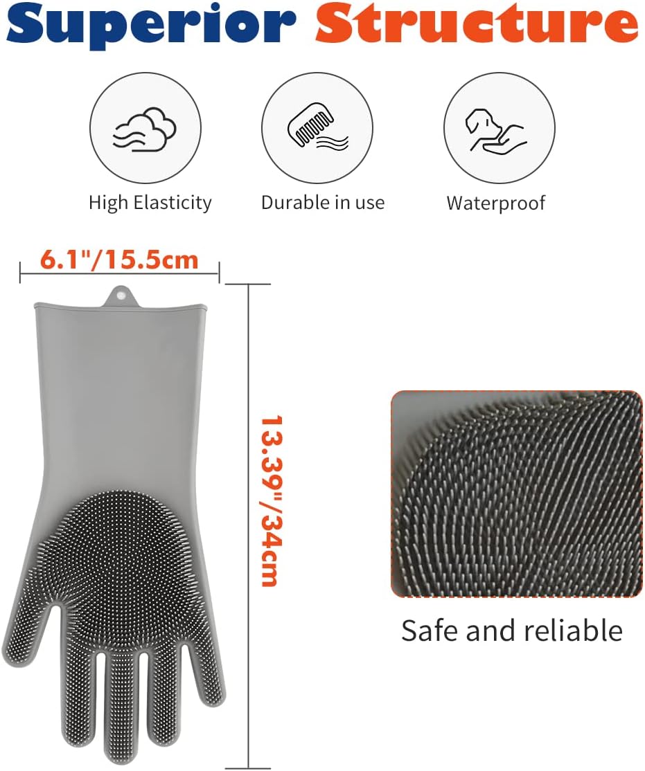 VavoPaw Pet Grooming Gloves - Dog Bathing Shampoo Brush with High Density Teeth, Heat Resistant Silicone Five Finger Design for Bathing and Massaging Dogs and Cats, Gray