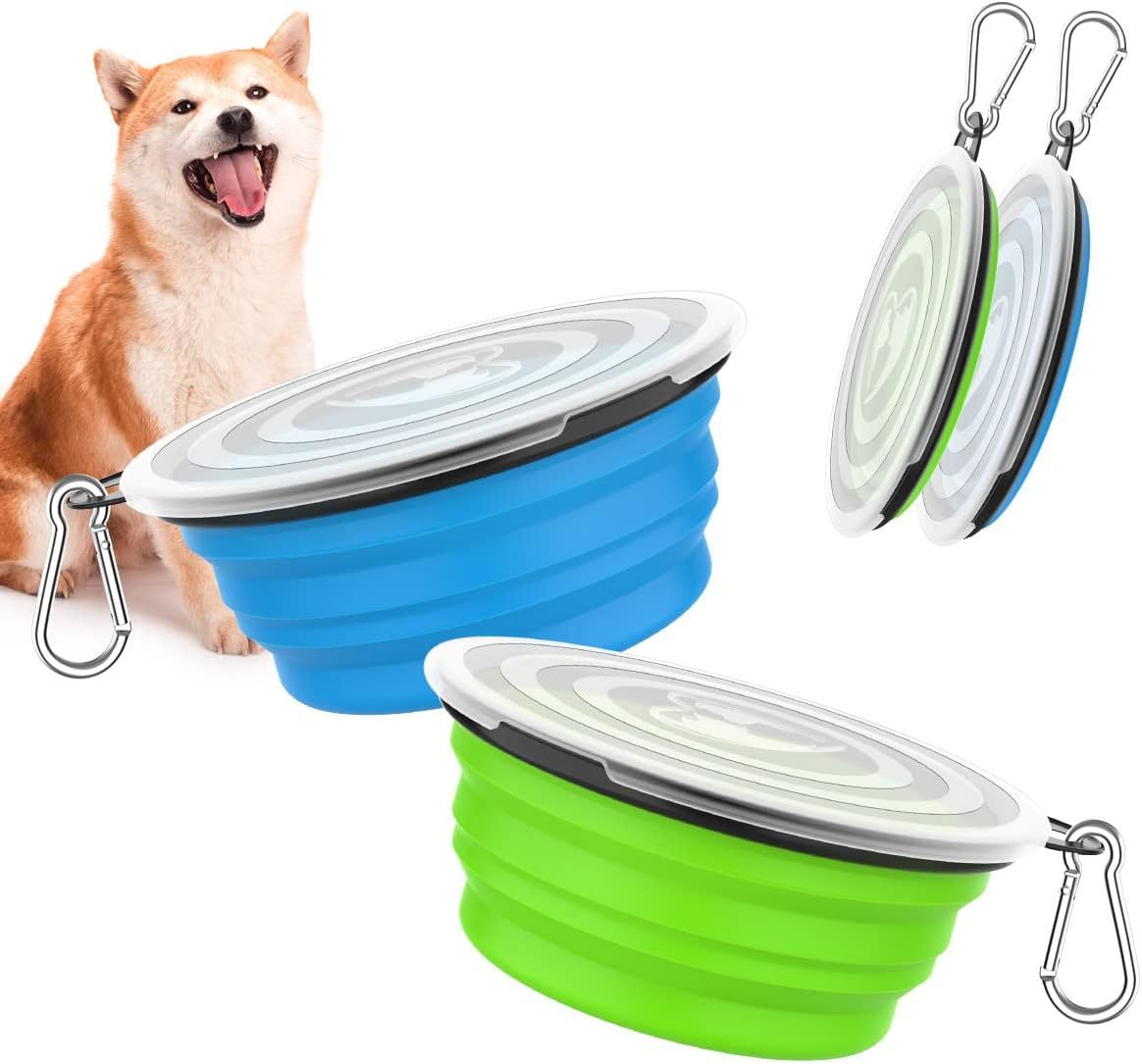 Pawaboo Collapsible Dog Bowls 2 Pack, Silicone Feeding Watering Bowls with Lids & Carabiners for Dogs Cats, Portable Water Feeder Food Bowl for Walking Traveling Home Use