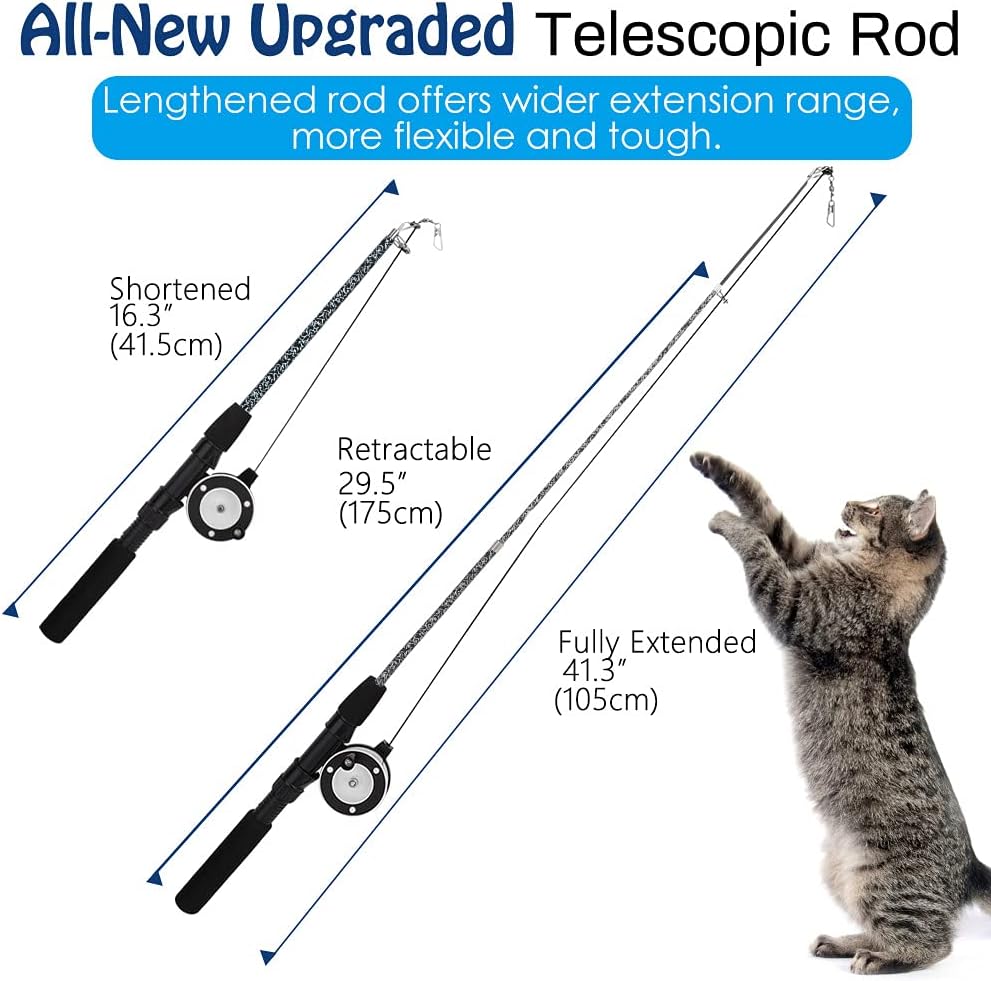 Pawaboo Interactive Cat Toy, Retractable Cat Fishing Rod with 3 Replacement Fishing Lures Made of Feathers and Bells, Adjustable Line Length, Feather Teaser for Cats, Kittens, Fun,