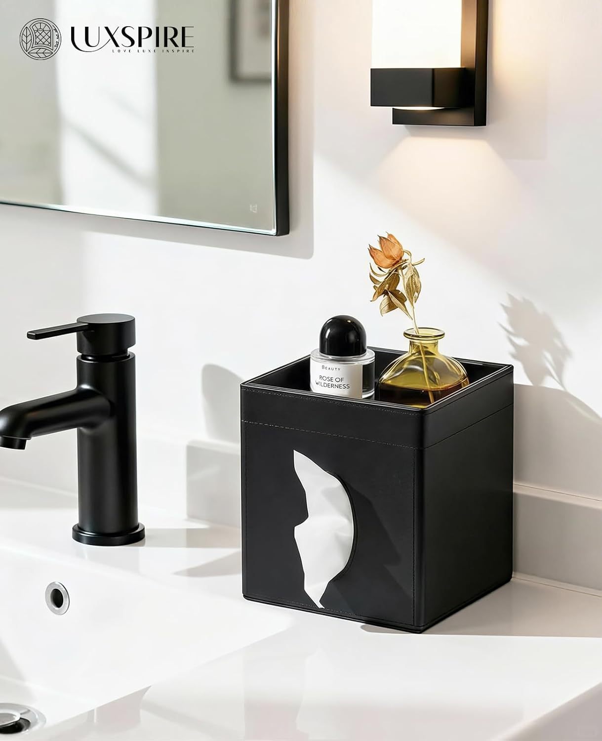 Luxspire Square Tissue Box Cover, PU Leather Square Tissue Box Cover with Storage Tray, Tissue Box Holder, Tissues Cube Boxes Cover for Living Room, Bedroom Countertop Cars Hotels