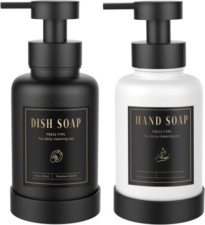 Luxspire Foaming Soap Dispenser, Glass Foam Pump Soap Dispenser, Non-Slip Hand Soap Dispenser with 5 Waterproof Labels, 15 Oz Refillable Liquid Soap Dispenser for Bathroom & Kitchen, Clear, 2 Pack