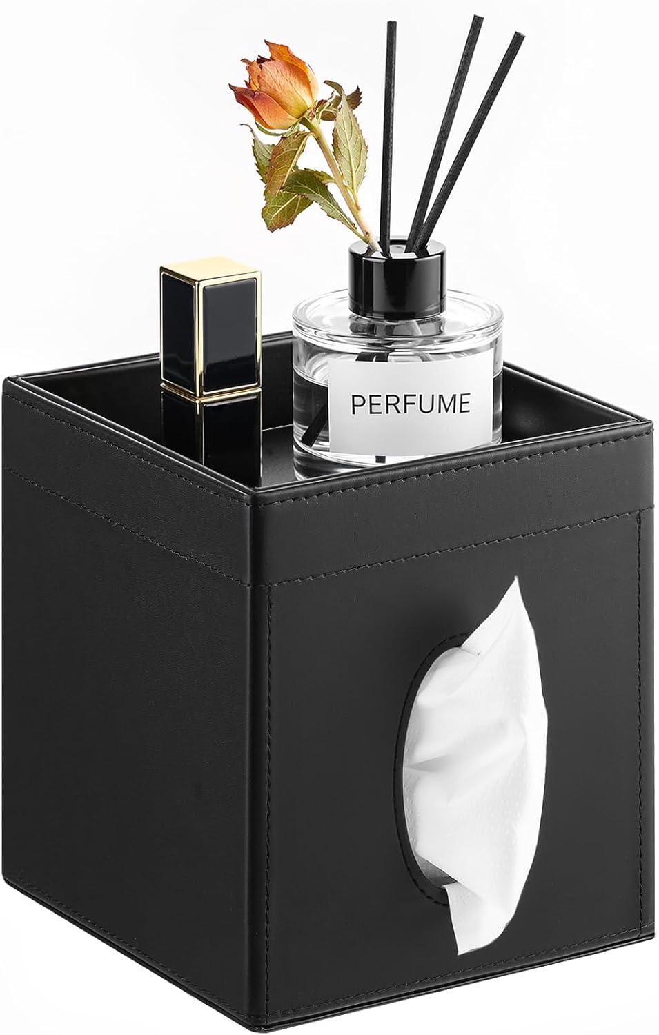 Luxspire Square Tissue Box Cover, PU Leather Square Tissue Box Cover with Storage Tray, Tissue Box Holder, Tissues Cube Boxes Cover for Living Room, Bedroom Countertop Cars Hotels