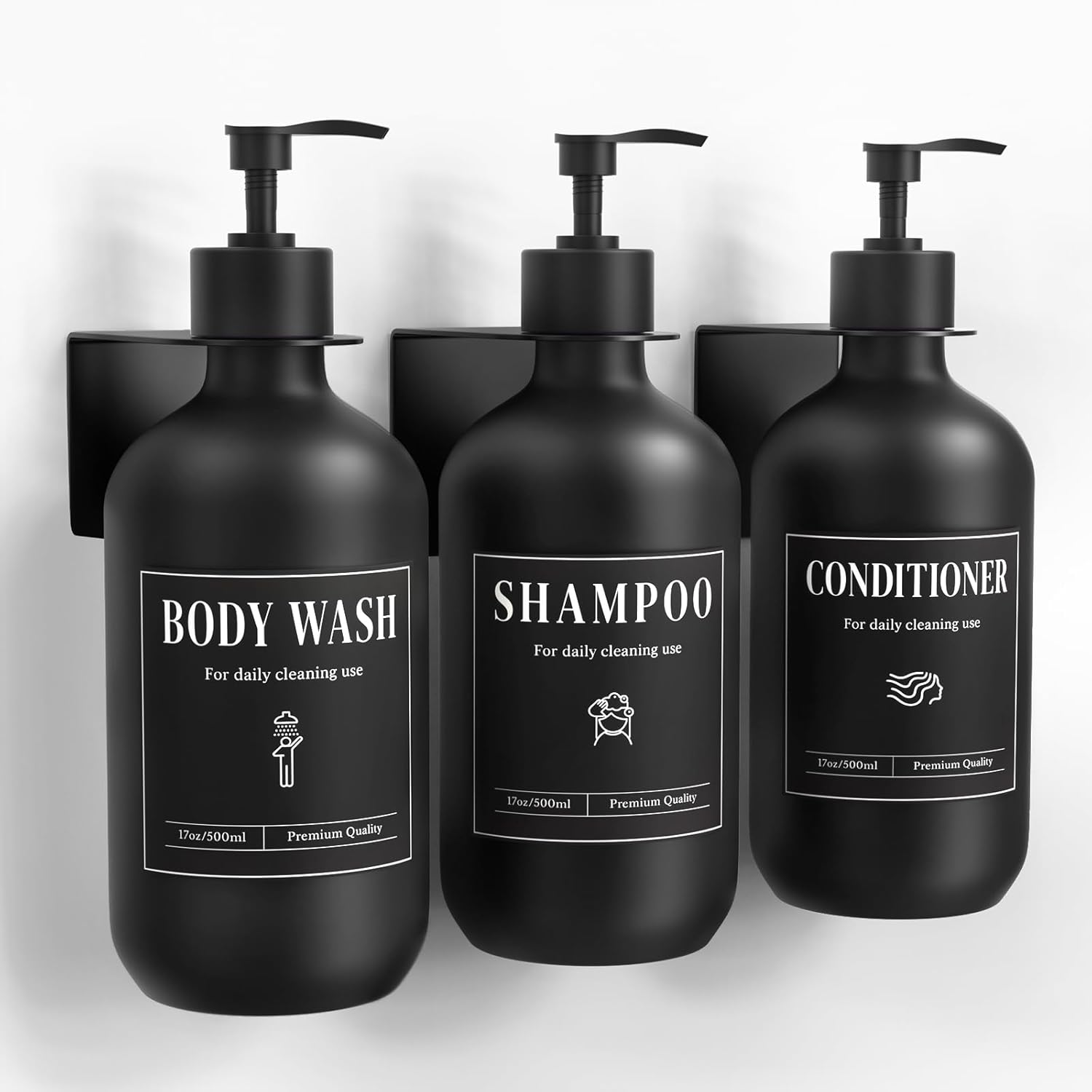 Luxspire Shampoo and Conditioner Dispenser, Shower Soap Dispenser Wall Mounted 3 Sets White Plastic Bottles Bamboo Pump, 500ml Shampoo and Conditioner Bottles for Bathroom, Shower Wall and Hotel