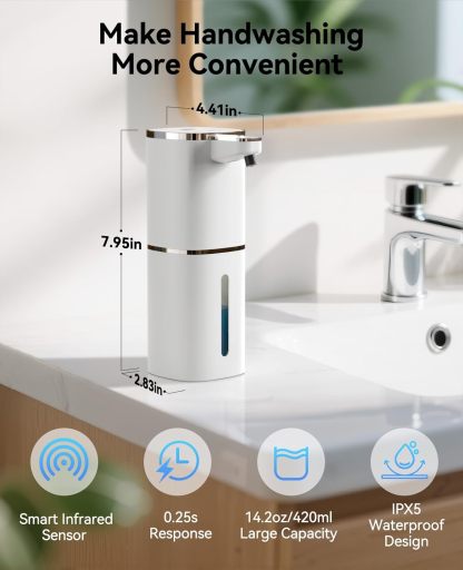 Luxspire Automatic Foaming Soap Dispenser, Touchless Foam Soap Dispenser, Rechargeabled 9 Adjustable Levels & IPX5 Waterproof Wall Mounted 420ml Soap Container for Bathroom, Kitchen and Hotel, White