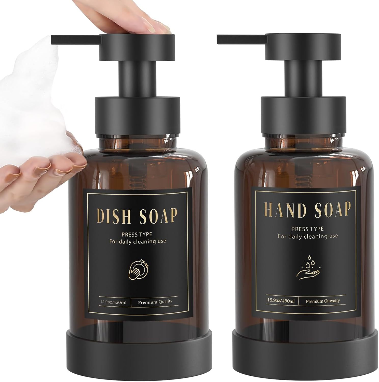 Luxspire Foaming Soap Dispenser, Glass Foam Pump Soap Dispenser, Non-Slip Hand Soap Dispenser with 5 Waterproof Labels, 15 Oz Refillable Liquid Soap Dispenser for Bathroom & Kitchen, Clear, 2 Pack