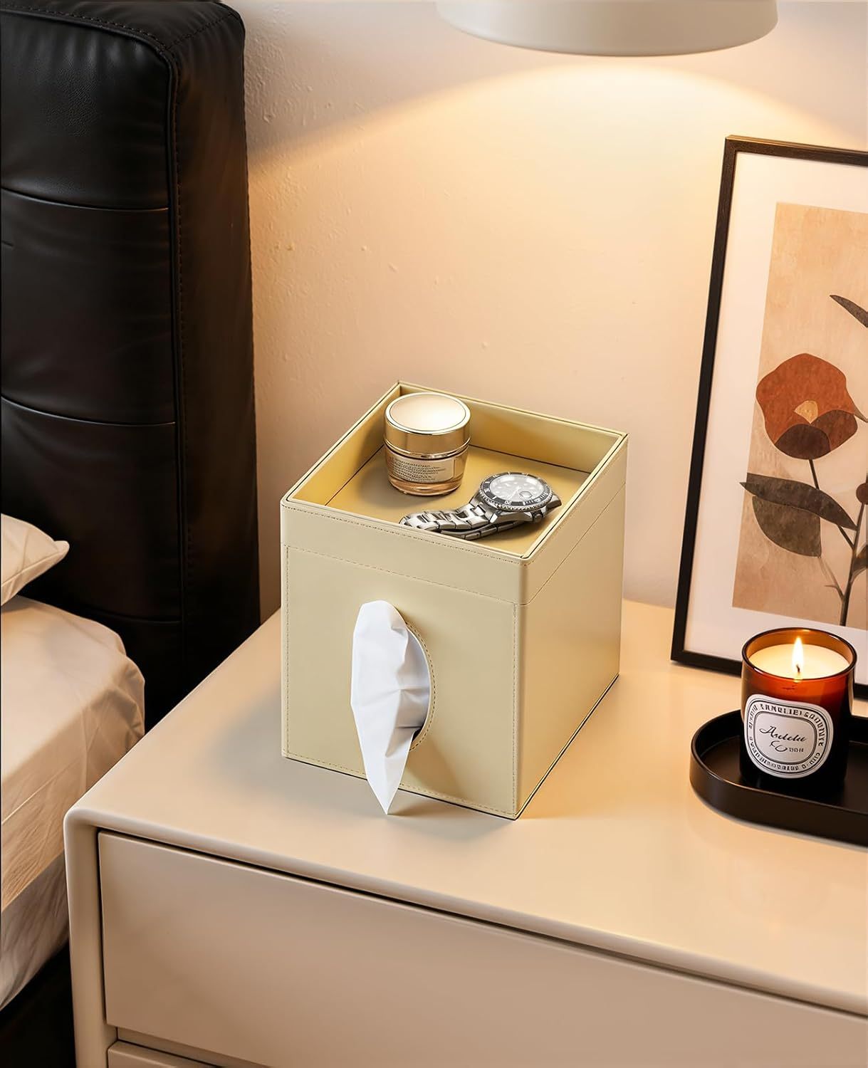 Luxspire Square Tissue Box Cover, PU Leather Square Tissue Box Cover with Storage Tray, Tissue Box Holder, Tissues Cube Boxes Cover for Living Room, Bedroom Countertop Cars Hotels