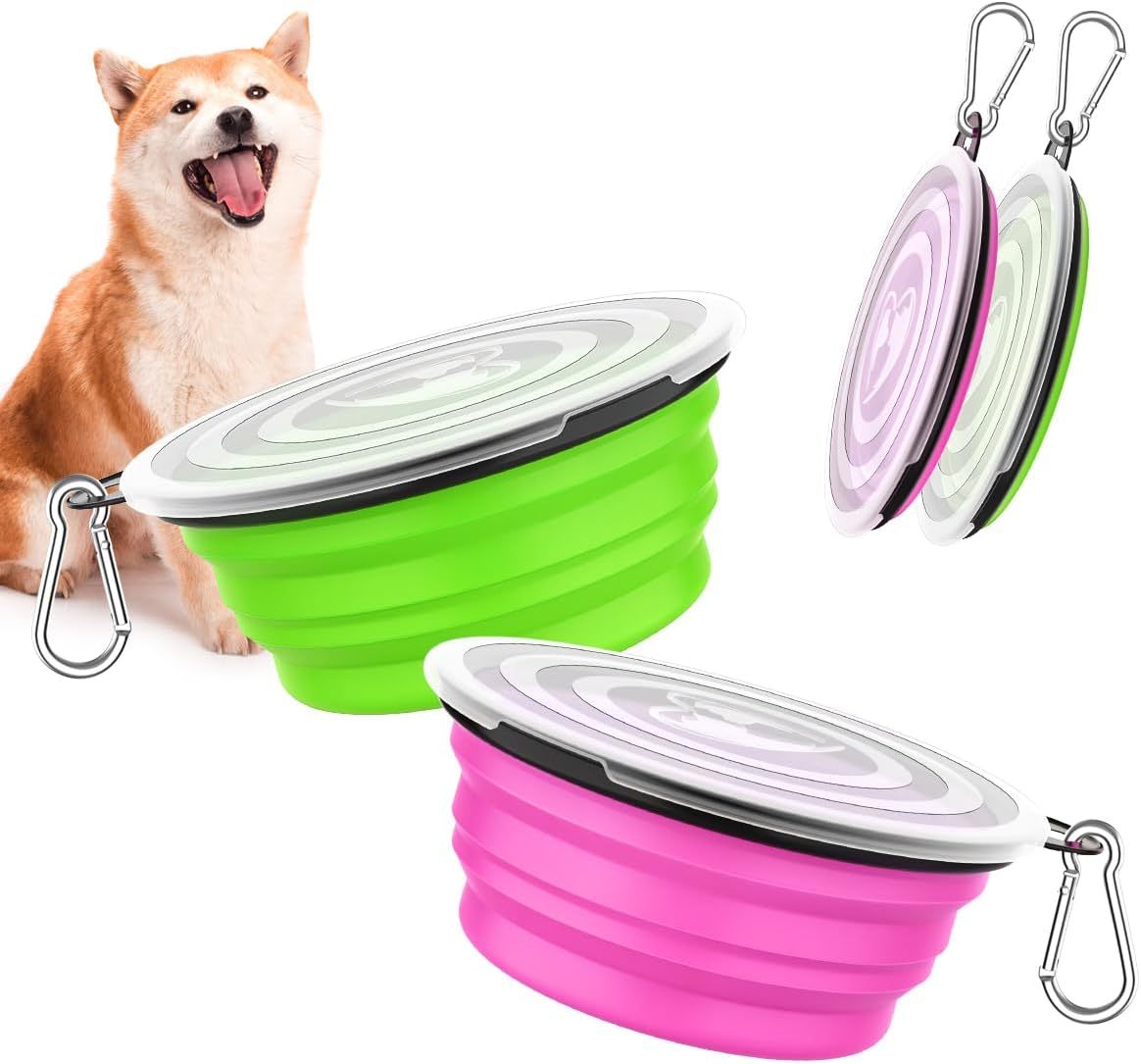 Pawaboo Collapsible Dog Bowls 2 Pack, Silicone Feeding Watering Bowls with Lids & Carabiners for Dogs Cats, Portable Water Feeder Food Bowl for Walking Traveling Home Use