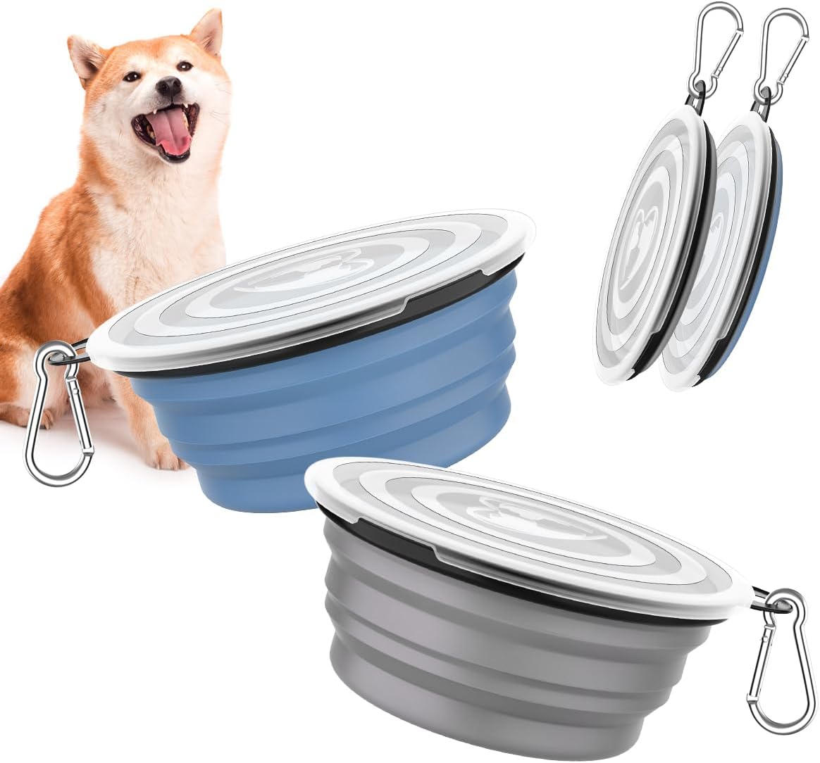 Pawaboo Collapsible Dog Bowls 2 Pack, Silicone Feeding Watering Bowls with Lids & Carabiners for Dogs Cats, Portable Water Feeder Food Bowl for Walking Traveling Home Use