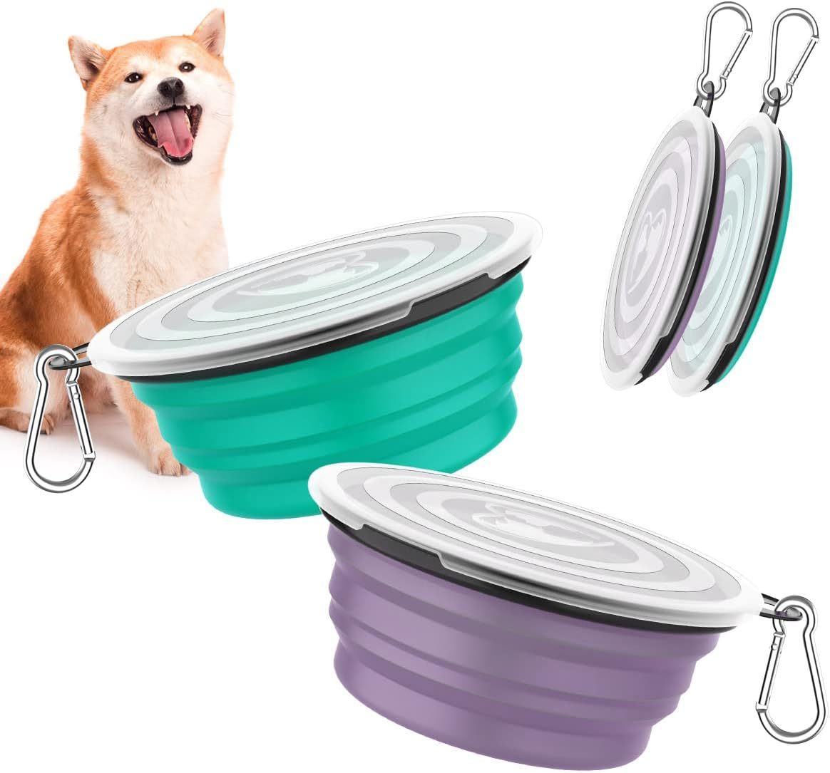 Pawaboo Collapsible Dog Bowls 2 Pack, Silicone Feeding Watering Bowls with Lids & Carabiners for Dogs Cats, Portable Water Feeder Food Bowl for Walking Traveling Home Use