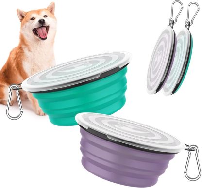 Pawaboo Collapsible Dog Bowls 2 Pack, Silicone Feeding Watering Bowls with Lids & Carabiners for Dogs Cats, Portable Water Feeder Food Bowl for Walking Traveling Home Use