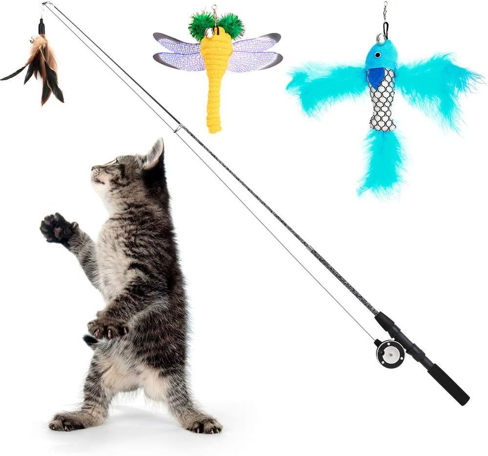 Pawaboo Interactive Cat Toy, Retractable Cat Fishing Rod with 3 Replacement Fishing Lures Made of Feathers and Bells, Adjustable Line Length, Feather Teaser for Cats, Kittens, Fun,