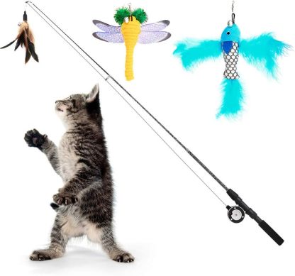 Pawaboo Interactive Cat Toy, Retractable Cat Fishing Rod with 3 Replacement Fishing Lures Made of Feathers and Bells, Adjustable Line Length, Feather Teaser for Cats, Kittens, Fun,