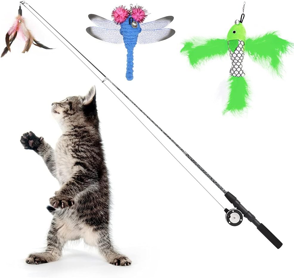 Pawaboo Interactive Cat Toy, Retractable Cat Fishing Rod with 3 Replacement Fishing Lures Made of Feathers and Bells, Adjustable Line Length, Feather Teaser for Cats, Kittens, Fun,