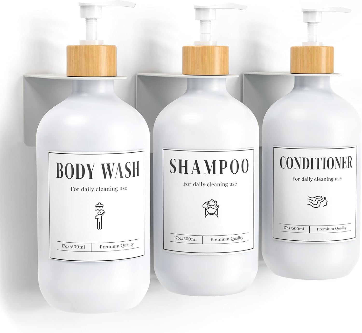 Luxspire Shampoo and Conditioner Dispenser, Shower Soap Dispenser Wall Mounted 3 Sets White Plastic Bottles Bamboo Pump, 500ml Shampoo and Conditioner Bottles for Bathroom, Shower Wall and Hotel