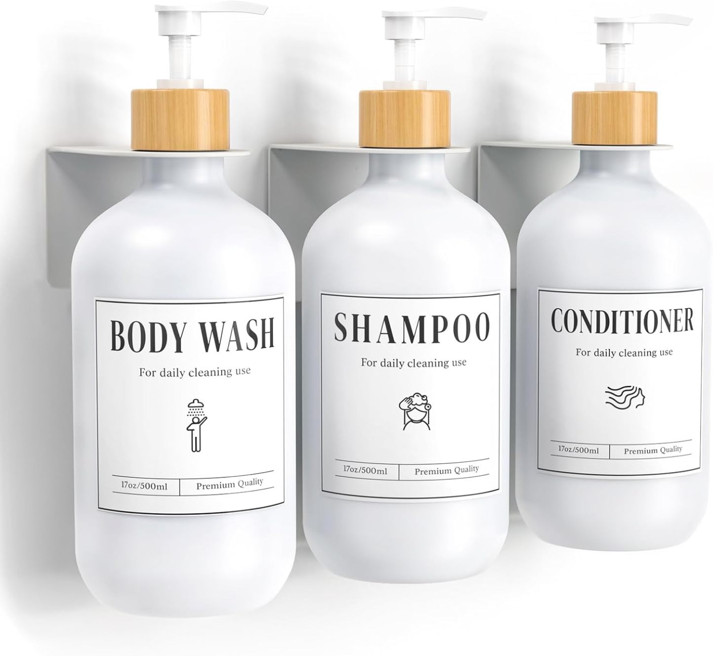 Luxspire Shampoo and Conditioner Dispenser, Shower Soap Dispenser Wall Mounted 3 Sets White Plastic Bottles Bamboo Pump, 500ml Shampoo and Conditioner Bottles for Bathroom, Shower Wall and Hotel