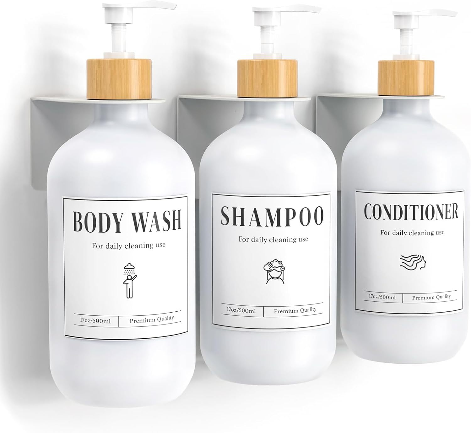 Luxspire Shampoo and Conditioner Dispenser, Shower Soap Dispenser Wall Mounted 3 Sets White Plastic Bottles Bamboo Pump, 500ml Shampoo and Conditioner Bottles for Bathroom, Shower Wall and Hotel