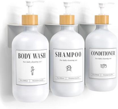Luxspire Shampoo and Conditioner Dispenser, Shower Soap Dispenser Wall Mounted 3 Sets White Plastic Bottles Bamboo Pump, 500ml Shampoo and Conditioner Bottles for Bathroom, Shower Wall and Hotel