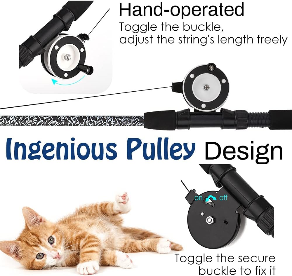 Pawaboo Interactive Cat Toy, Retractable Cat Fishing Rod with 3 Replacement Fishing Lures Made of Feathers and Bells, Adjustable Line Length, Feather Teaser for Cats, Kittens, Fun,