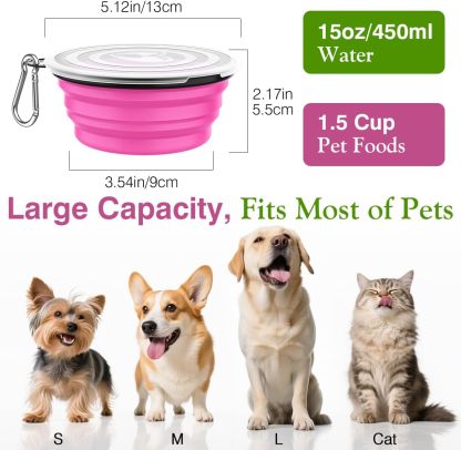 Pawaboo Collapsible Dog Bowls 2 Pack, Silicone Feeding Watering Bowls with Lids & Carabiners for Dogs Cats, Portable Water Feeder Food Bowl for Walking Traveling Home Use