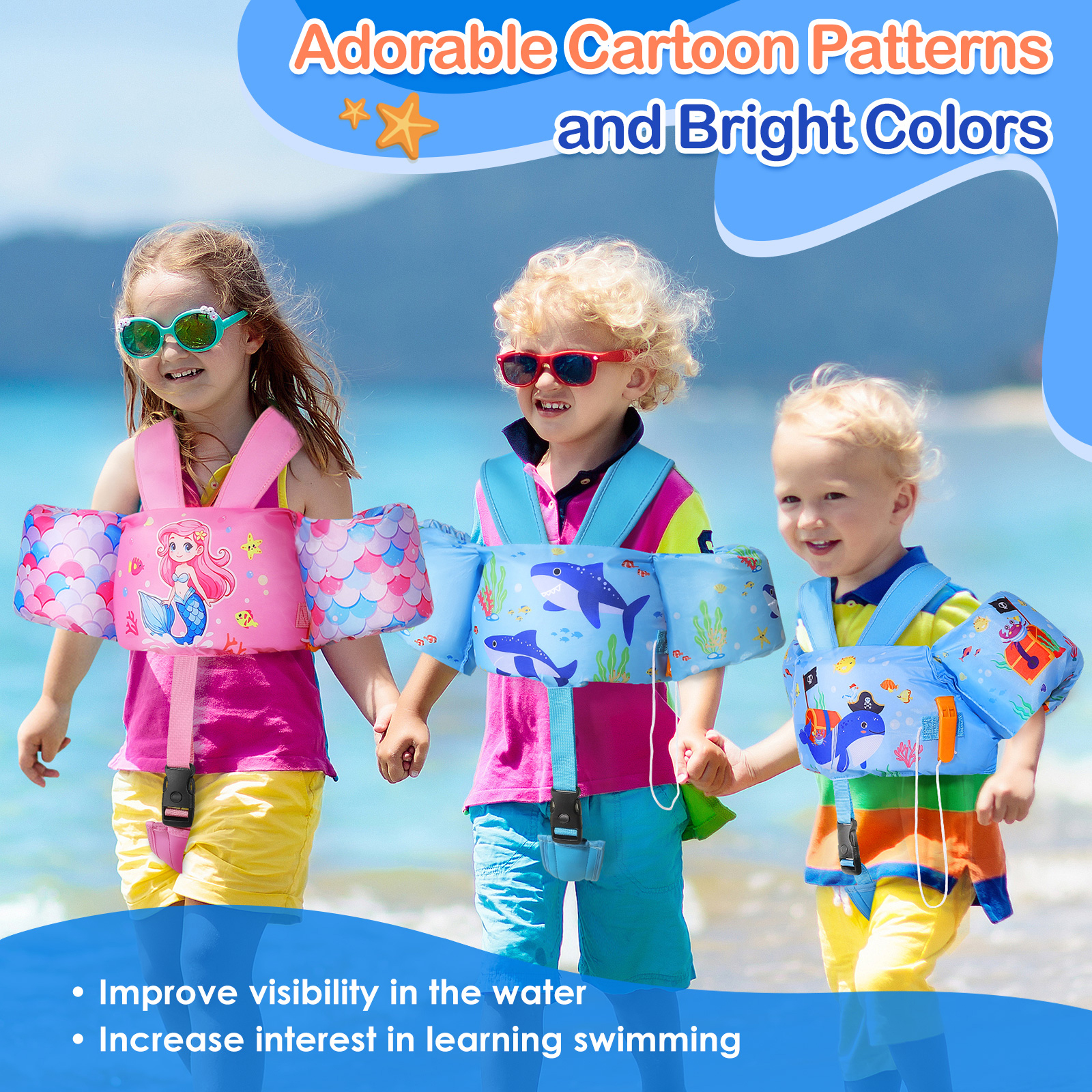 MoKo Kids Swimm Vest for 20-50lbs, Toddler Floaties with Crotch Strap and Whistle, Blue Shark