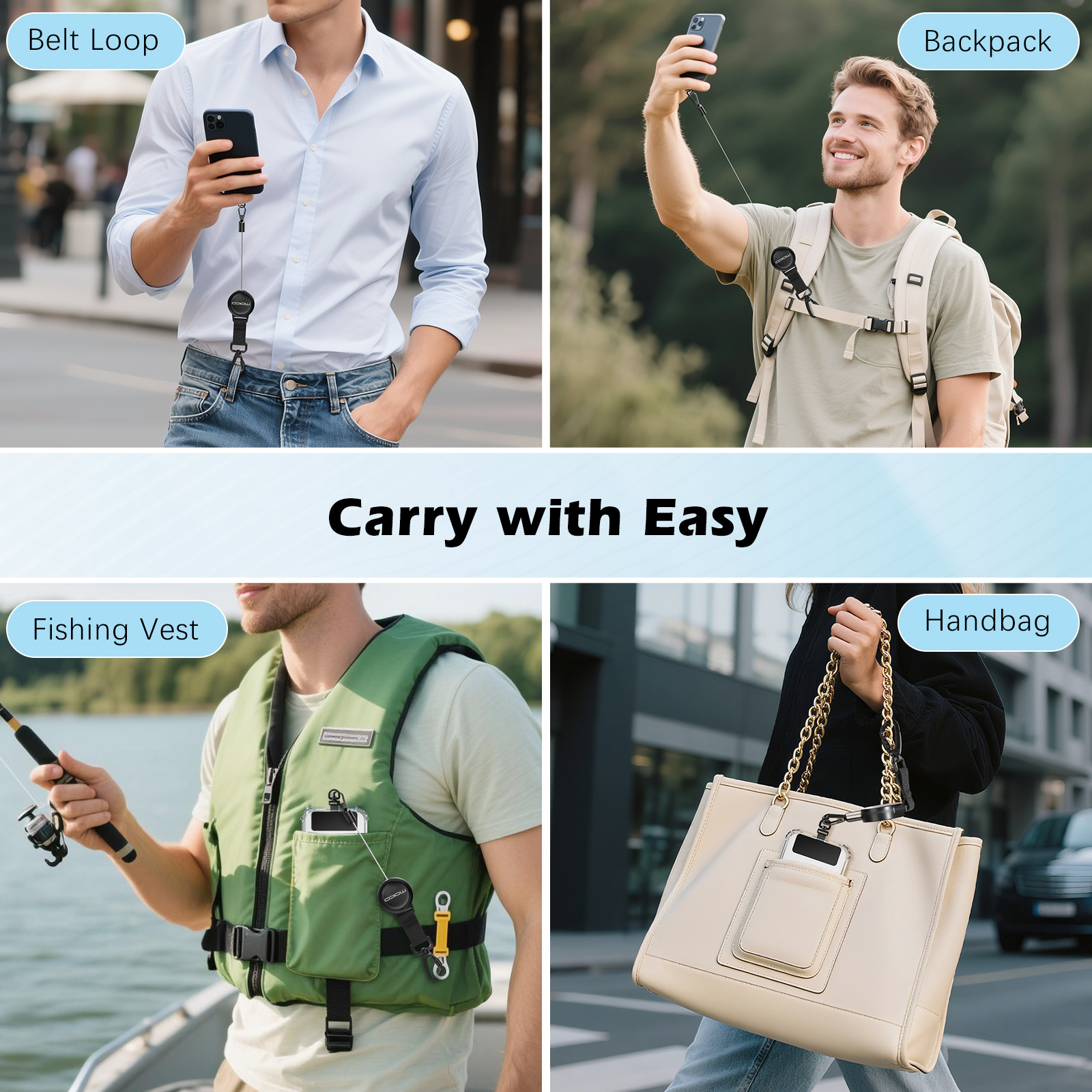 MoKo Anti-theft Phone Lanyard, Universal Adhesive Anchor Retractable Steel Line Cellphone Strap with Locking Carabiner and Metal 360° Tether Tab Compatible for iPhone Samsung Galaxy, Blac