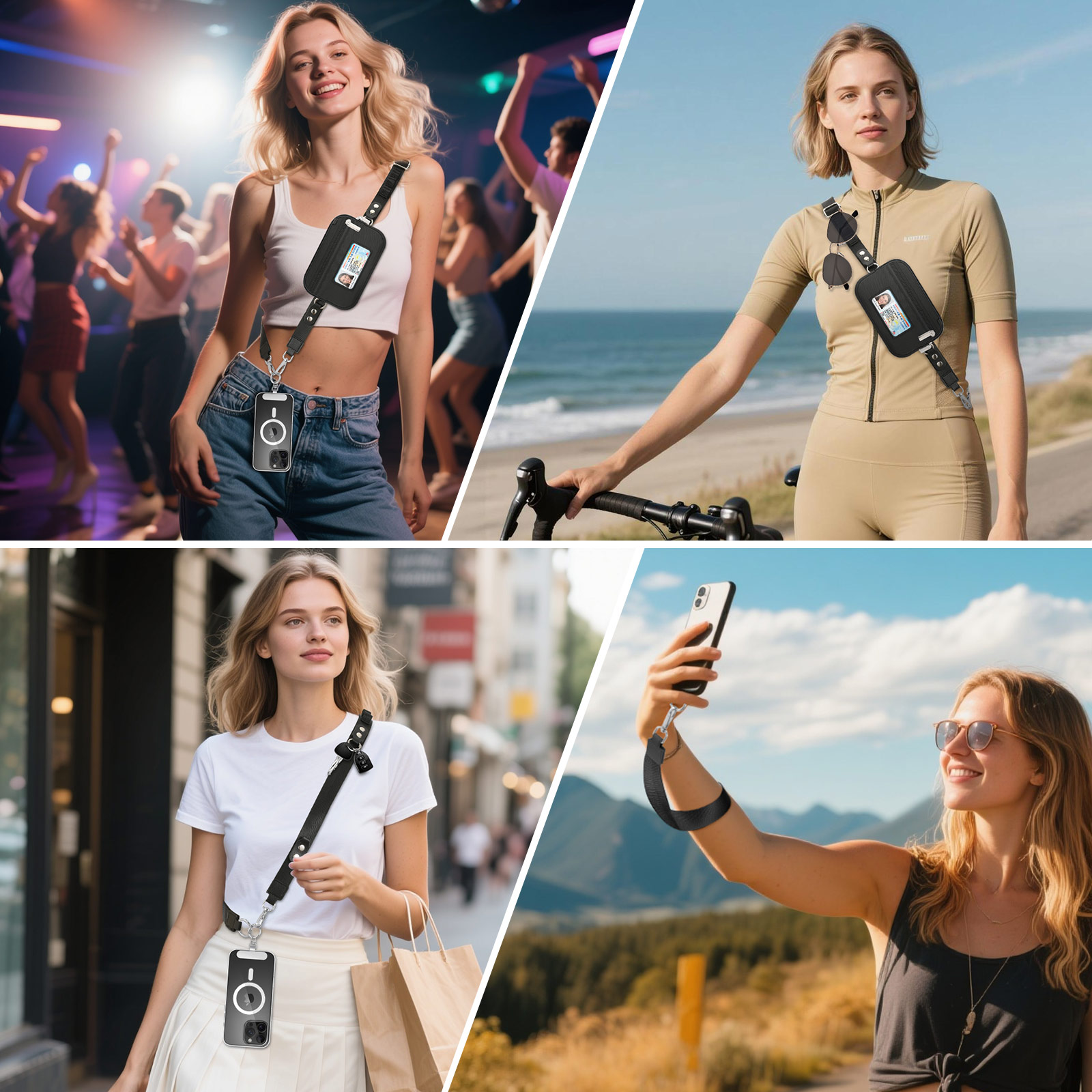 MoKo Phone Crossbody Lanyard with RFID Wallet, Clip and Go Strap Crossbody Lanyard & Detachable Wallet with ID Window, Adjustable iPhone Strap with 360° Rotatable Phone Tabs, Black
