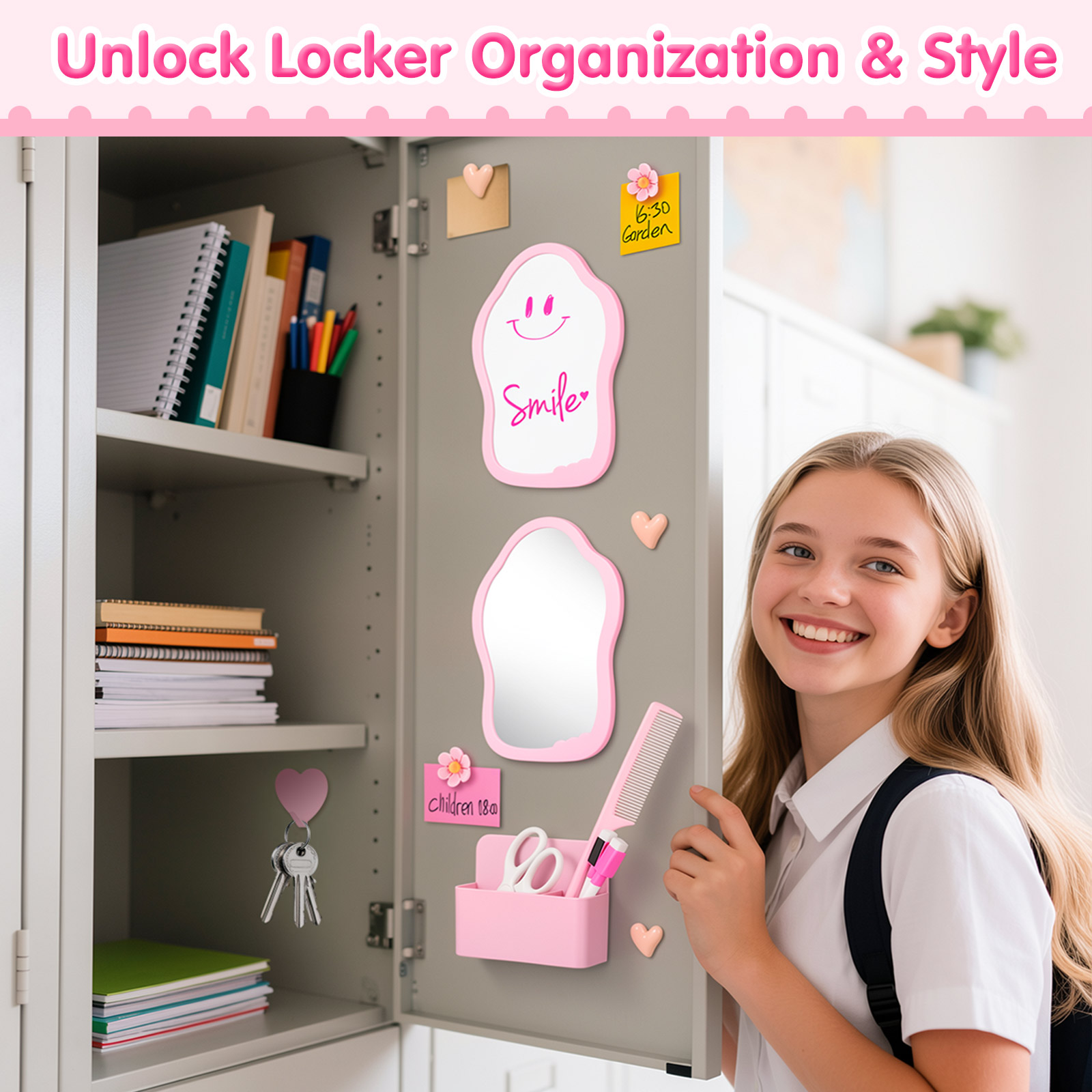 MoKo Locker Accessories Kit, 16Pcs Cute Locker Decor Accessories Set Includes Magnetic Locker Mirror, Whiteboard, Hooks, Magnets, Pen, Comb and Eraser, Office, Pink