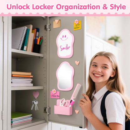 MoKo Locker Accessories Kit, 16Pcs Cute Locker Decor Accessories Set Includes Magnetic Locker Mirror, Whiteboard, Hooks, Magnets, Pen, Comb and Eraser, Office, Pink