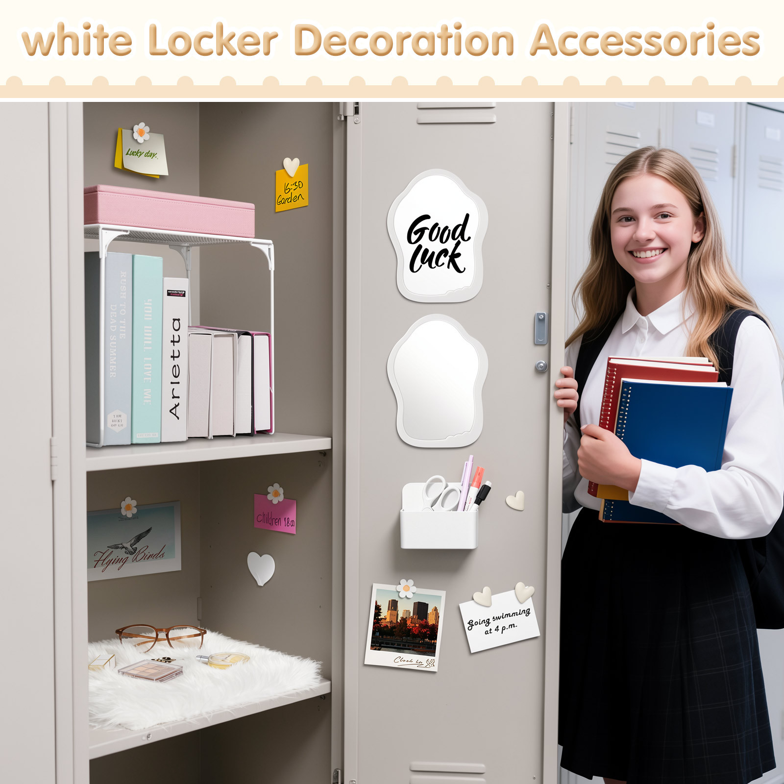 MoKo Locker Accessories Kit, 17Pcs Cute Locker Organizer Accessories Set Includes Magnetic Locker Mirror, Whiteboard, Hooks, Magnets, Pen, Comb and Eraser, Supplies, Office, White