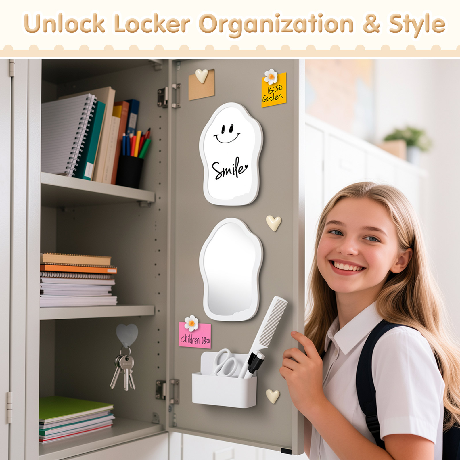 MoKo Locker Accessories Kit, 16Pcs Cute Locker Decor Accessories Set Includes Magnetic Locker Mirror, Whiteboard, Hooks, Magnets, Pen, Comb and Eraser, Supplies, Office, White