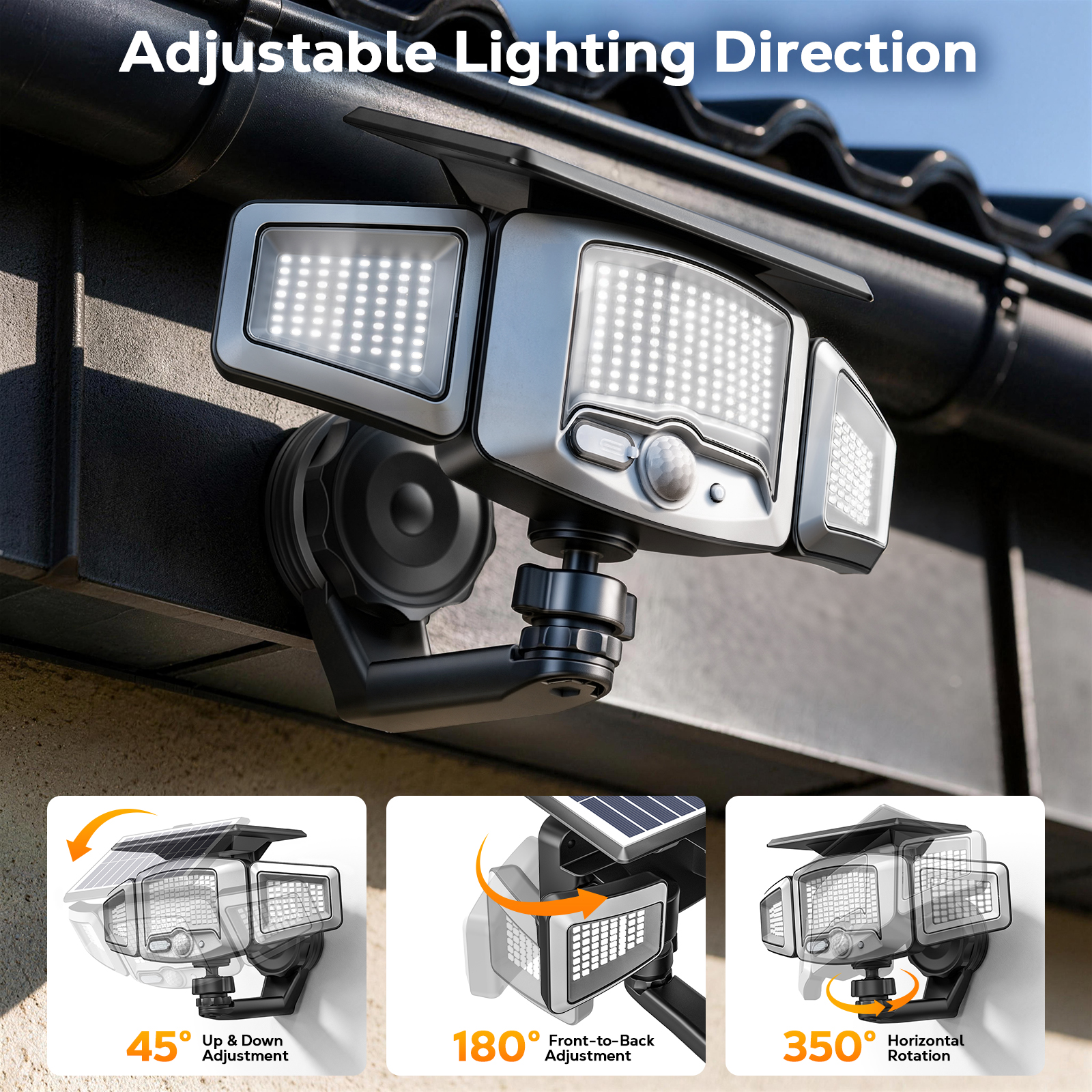 Outdoor Solar Lights Magnetic Solar Lights, 231 LED Motion Sensor Wall Light, 3-Head Adjustable Solar Lights, 3 Modes Solar USB Charge, IP65 Waterproof for Yard Patio (2 Pack)