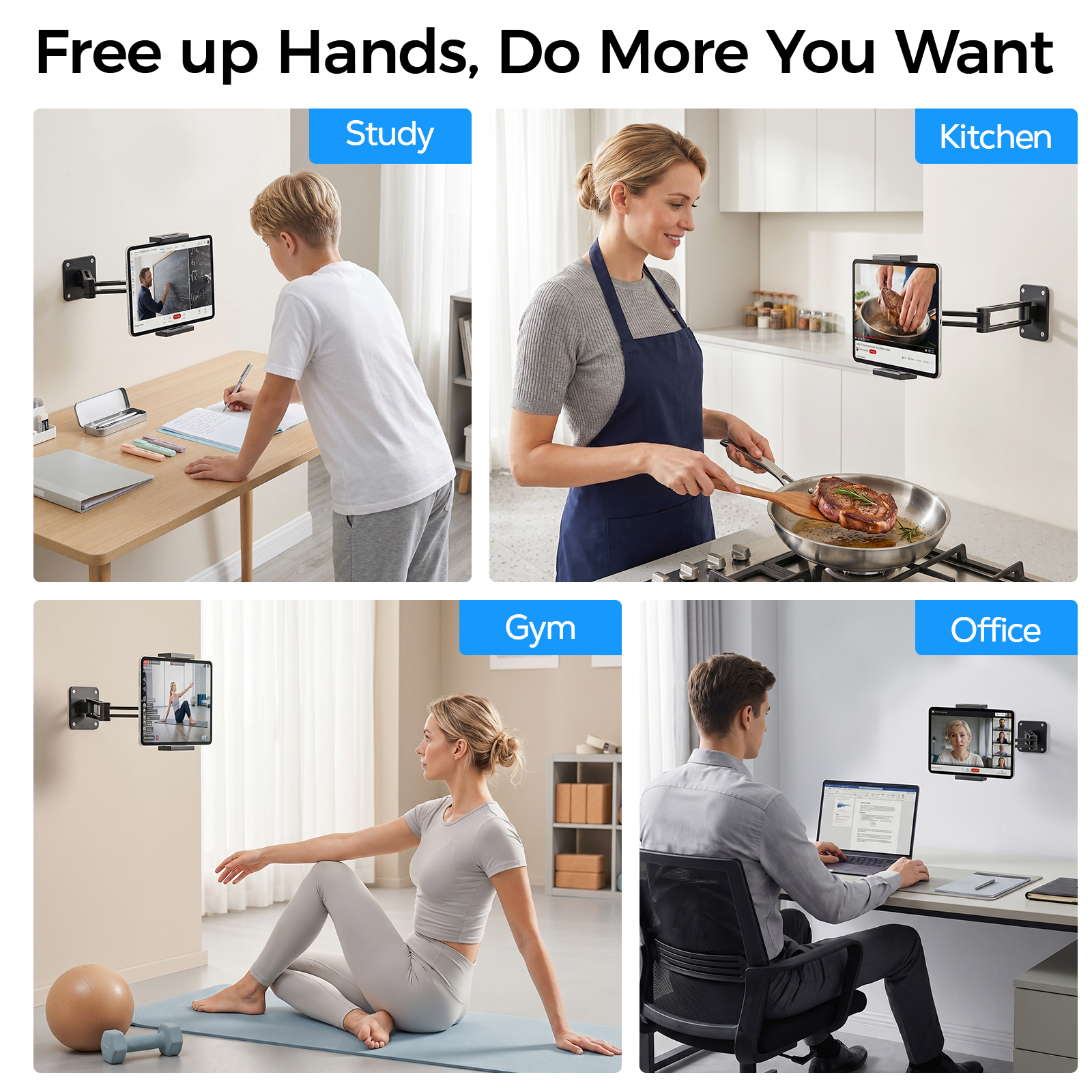 MoKo Tablet Wall Mount Holder for 4.7-14" Phones and Tablets, Extendable Foldable Ipad Holder, 360° Adjustable Wall Mount for Kitchen, Gym, Office, Classroom, Black