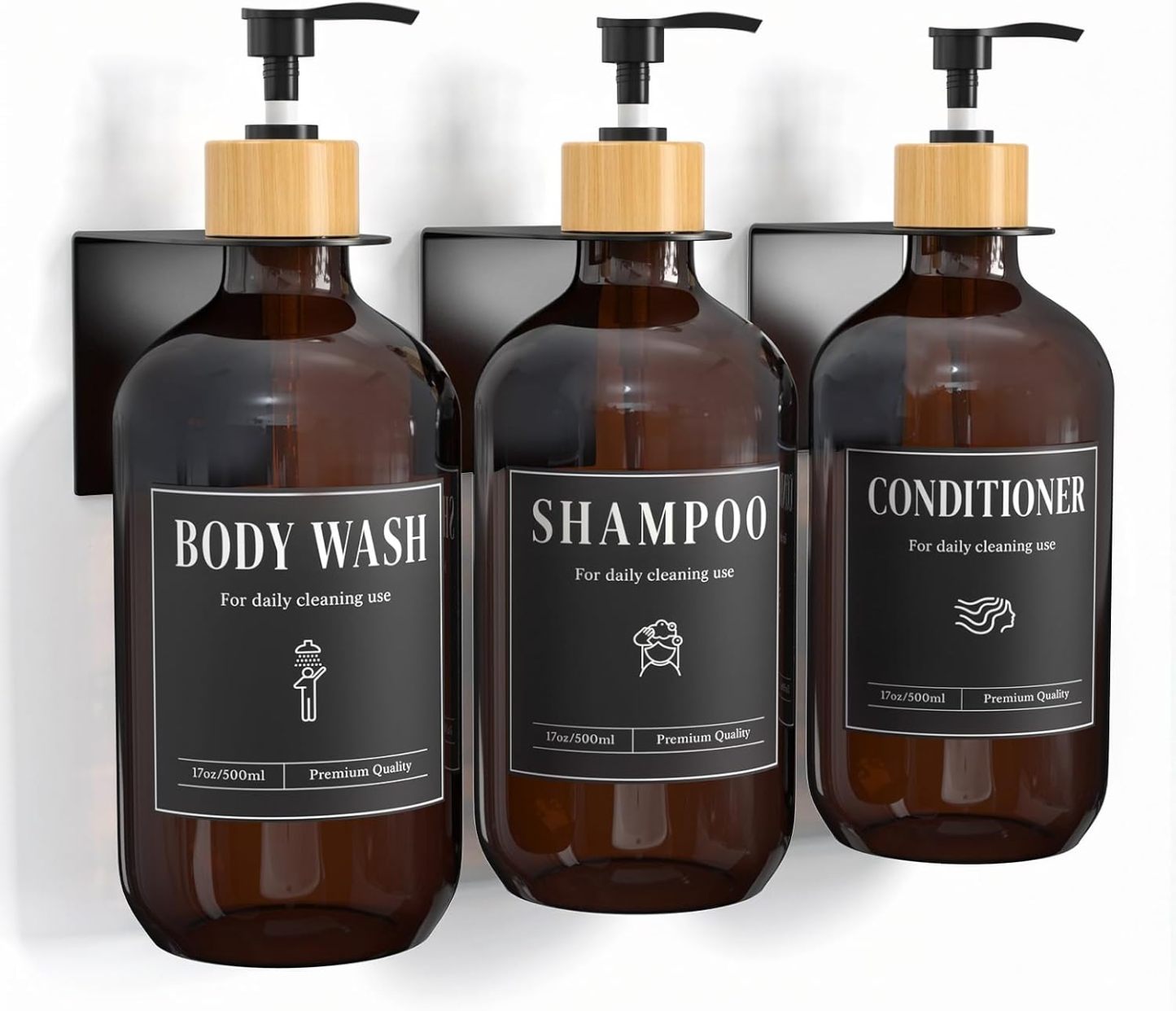 Luxspire Shampoo and Conditioner Dispenser, Shower Soap Dispenser Wall Mounted 3 Sets White Plastic Bottles Bamboo Pump, 500ml Shampoo and Conditioner Bottles for Bathroom, Shower Wall and Hotel