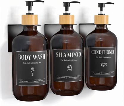 Luxspire Shampoo and Conditioner Dispenser, Shower Soap Dispenser Wall Mounted 3 Sets White Plastic Bottles Bamboo Pump, 500ml Shampoo and Conditioner Bottles for Bathroom, Shower Wall and Hotel