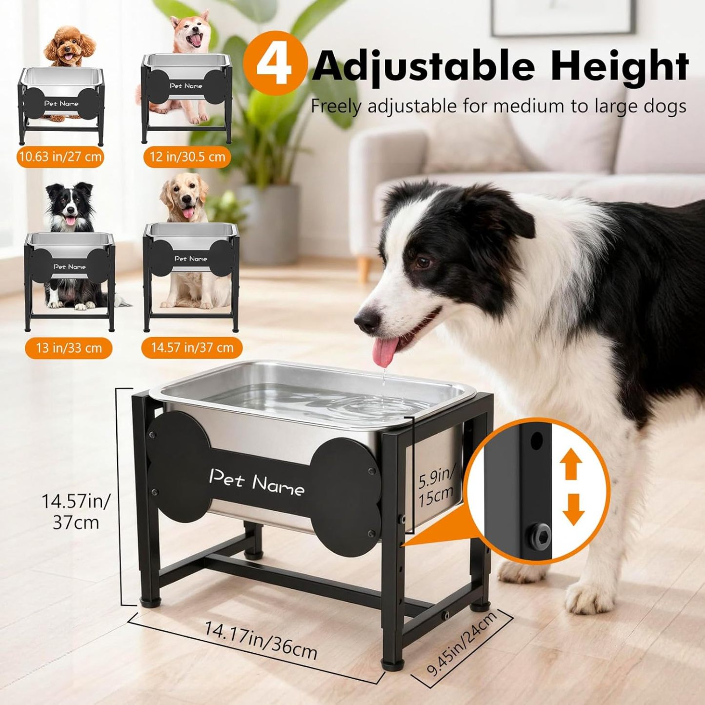 Tivray Elevated Dog Bowl, 2.4 Gallon Adjustable Stainless Steel Water Bowl for Large Breed, Dog Water Feeder, Pet Feeder with Full Metal Stand for Relief Joint Pressure, Easy Clean