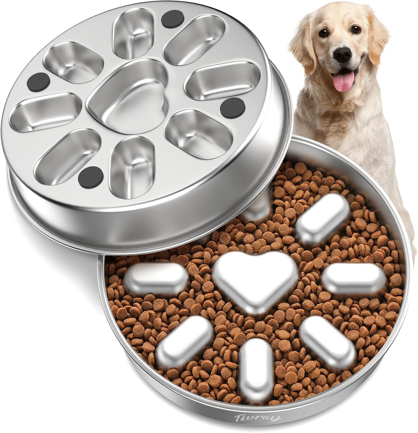 Pawaboo Slow Feeder Dog Bowls, 304 Stainless Steel Slow Feed Pet Bowl with Non-Slip Base for Medium Breed Dogs to Stop Bloat Prevent Choking, Dishwasher Safe, Silver