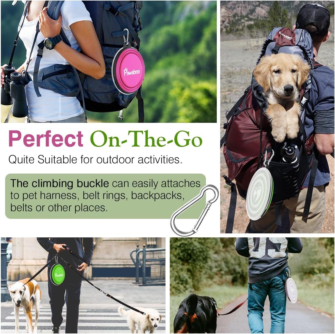 Pawaboo Collapsible Dog Bowls 2 Pack, Silicone Feeding Watering Bowls with Lids & Carabiners for Dogs Cats, Portable Water Feeder Food Bowl for Walking Traveling Home Use