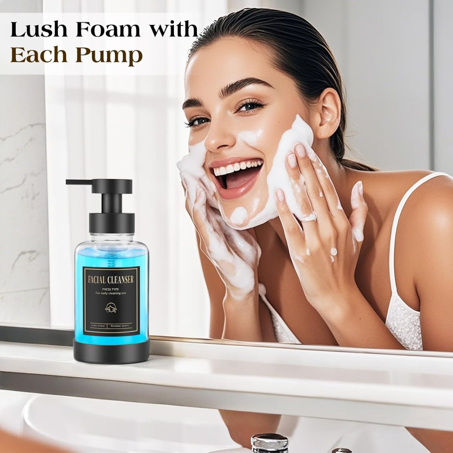 Luxspire Foaming Soap Dispenser, Glass Foam Pump Soap Dispenser, Non-Slip Hand Soap Dispenser with 5 Waterproof Labels, 15 Oz Refillable Liquid Soap Dispenser for Bathroom & Kitchen, Clear, 2 Pack