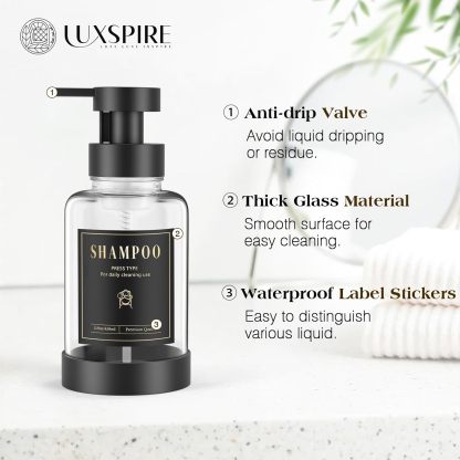 Luxspire Foaming Soap Dispenser, Glass Foam Pump Soap Dispenser, Non-Slip Hand Soap Dispenser with 5 Waterproof Labels, 15 Oz Refillable Liquid Soap Dispenser for Bathroom & Kitchen, Clear, 2 Pack