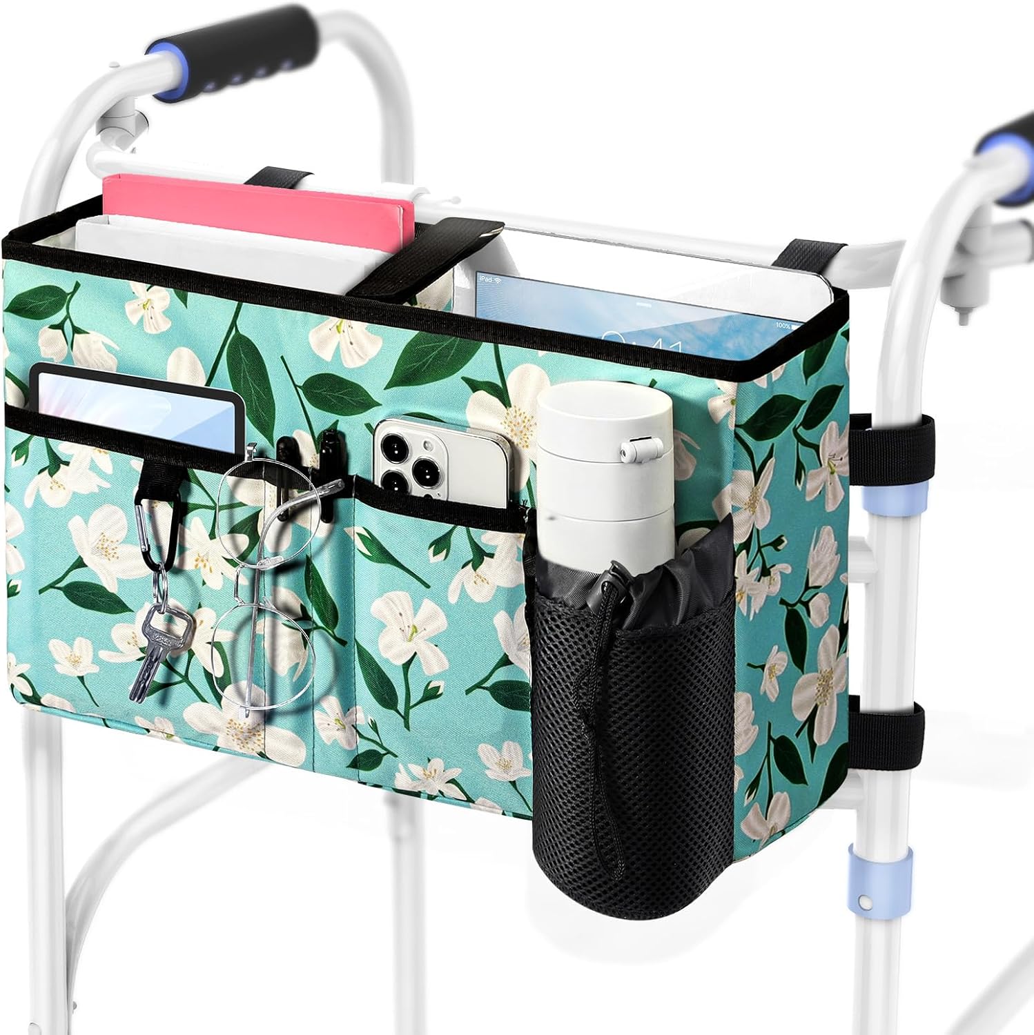 Rhino Valley Walker Bag, Multi Pockets Folding Walker Basket Tote Bag with Cup Holder, Hand-free Carry Pouch Storage Bag for Universal Walkers, Large Capacity Organizer for Seniors Elderly, Gray