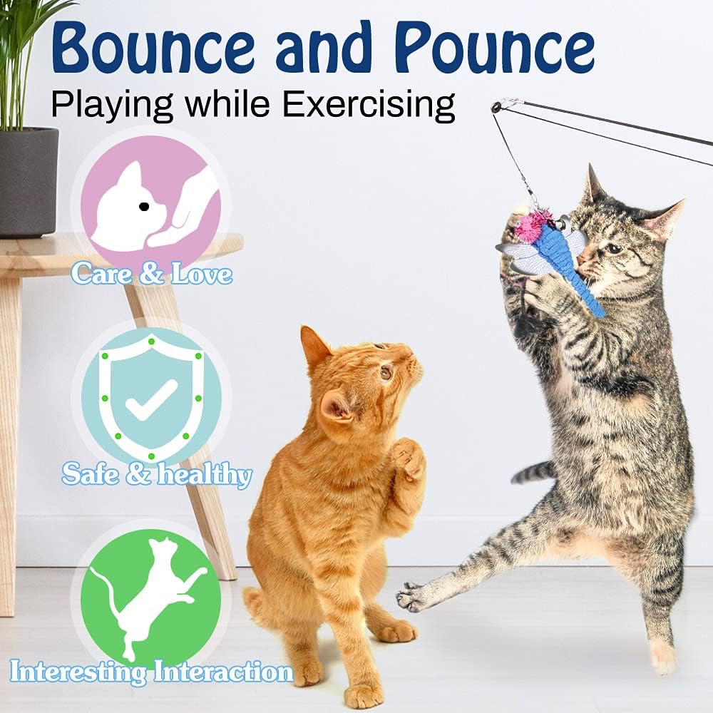 Pawaboo Interactive Cat Toy, Retractable Cat Fishing Rod with 3 Replacement Fishing Lures Made of Feathers and Bells, Adjustable Line Length, Feather Teaser for Cats, Kittens, Fun,