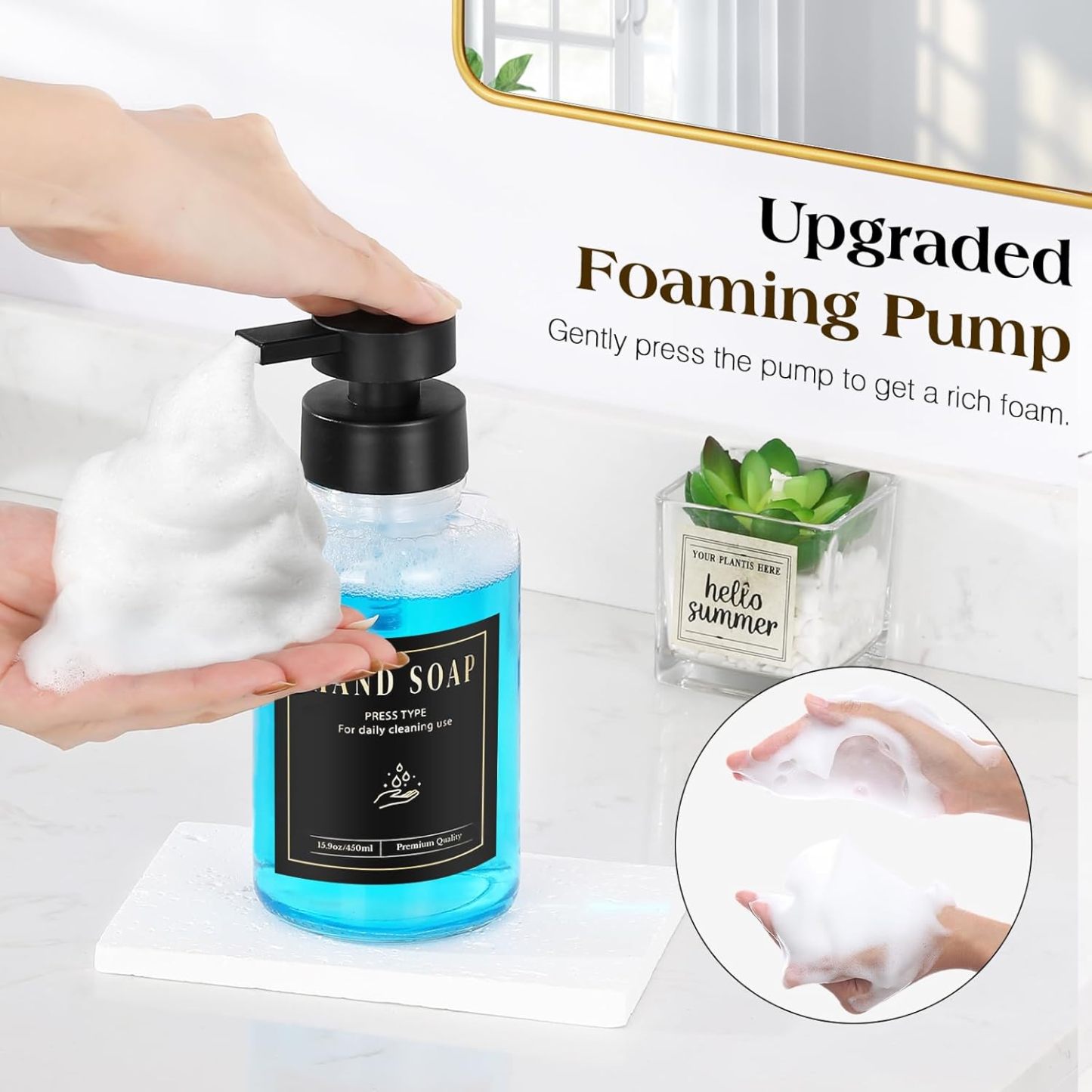 Luxspire Foaming Soap Dispenser, Glass Foam Pump Soap Dispenser, Non-Slip Hand Soap Dispenser with 5 Waterproof Labels, 15 Oz Refillable Liquid Soap Dispenser for Bathroom & Kitchen, Clear, 2 Pack