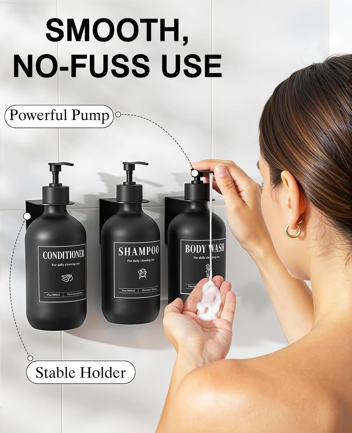 Luxspire Shampoo and Conditioner Dispenser, Shower Soap Dispenser Wall Mounted 3 Sets White Plastic Bottles Bamboo Pump, 500ml Shampoo and Conditioner Bottles for Bathroom, Shower Wall and Hotel